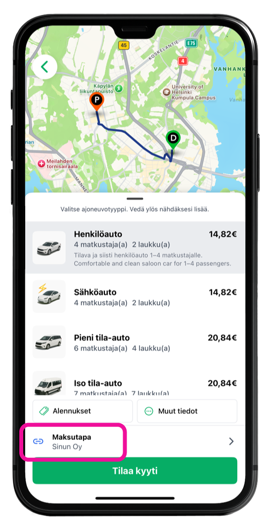 Yritystilin asettaminen tilapäiseksi maksutavaksi