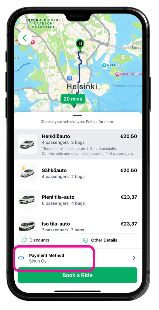 Choose account as a payment method before booking